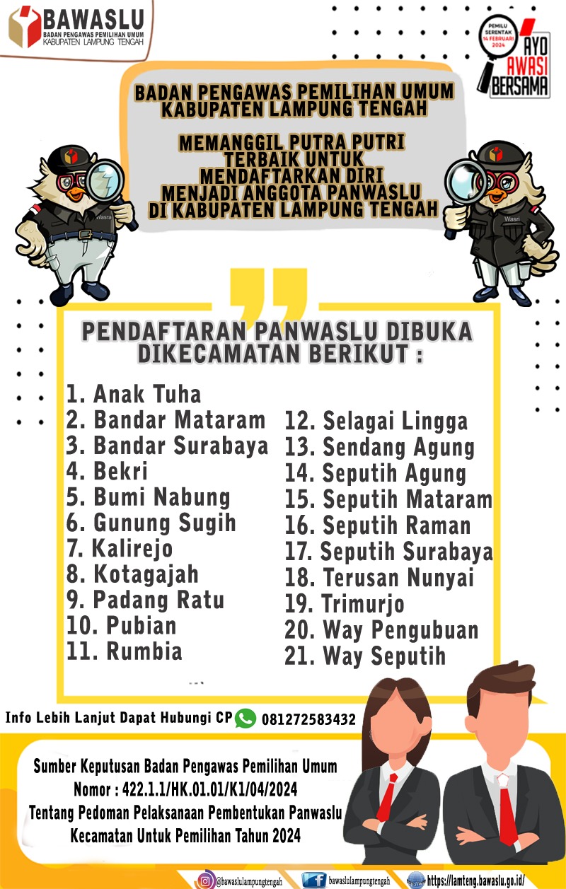 Pengumuman Pendaftaran Calon Panwaslu Kecamatan Dalam Rangka Pemilihan Tahun 2024