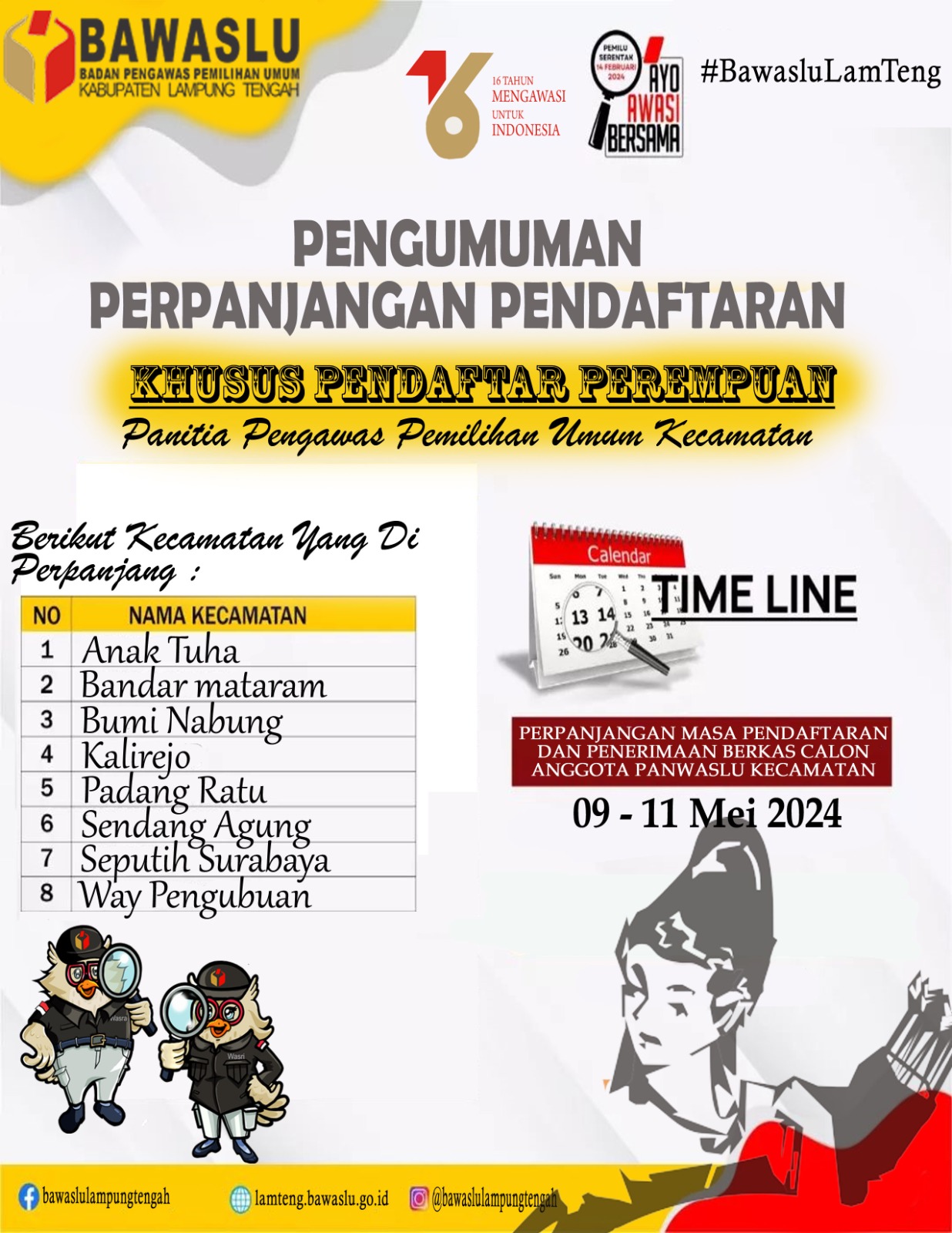 Pengumuman Perpanjangan Pendaftaran Khusus Pendaftar Perempuan Panwaslu Kecamatan Bawaslu Kabupaten Lampung Tengah
