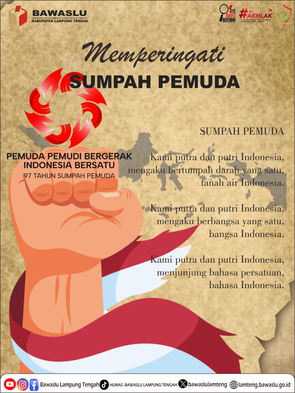 Bawaslu Lampung Tengah Ucapkan Selamat Hari Sumpah Pemuda ke-97: Satukan Semangat, Wujudkan Pemilu Berintegritas