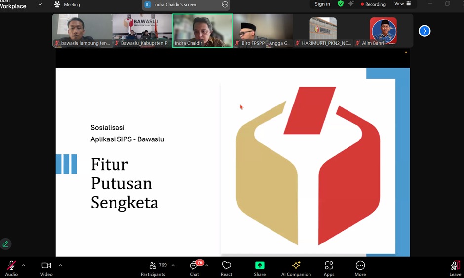 BAWASLU KABUPATEN LAMPUNG TENGAH IKUTI RAKOR SOSIALISASI FITUR BARU SIPS YANG DIGELAR BAWASLU RI