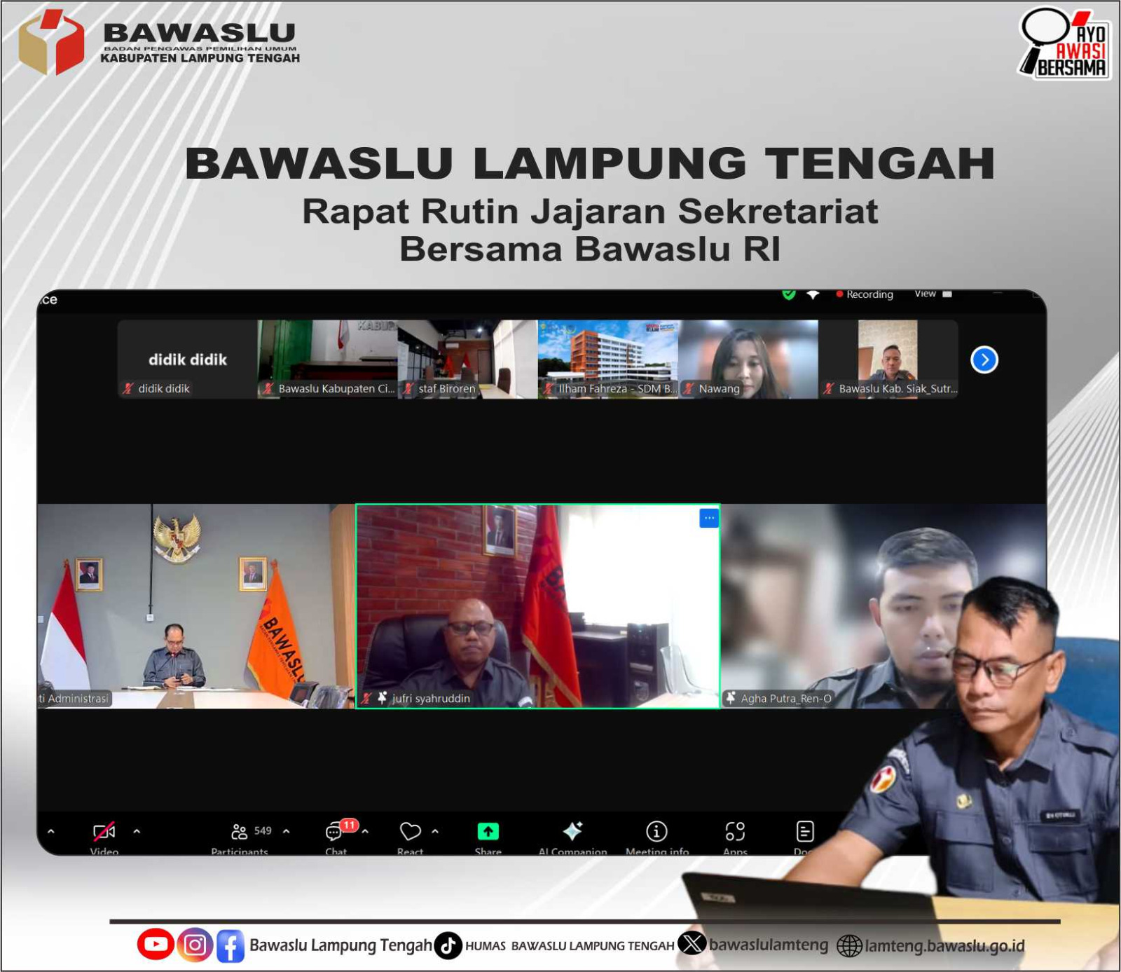 Koordinator Sekretariat Bawaslu Lampung Tengah Ikuti Rapat Pembinaan dan Evaluasi Nasional via Zoom