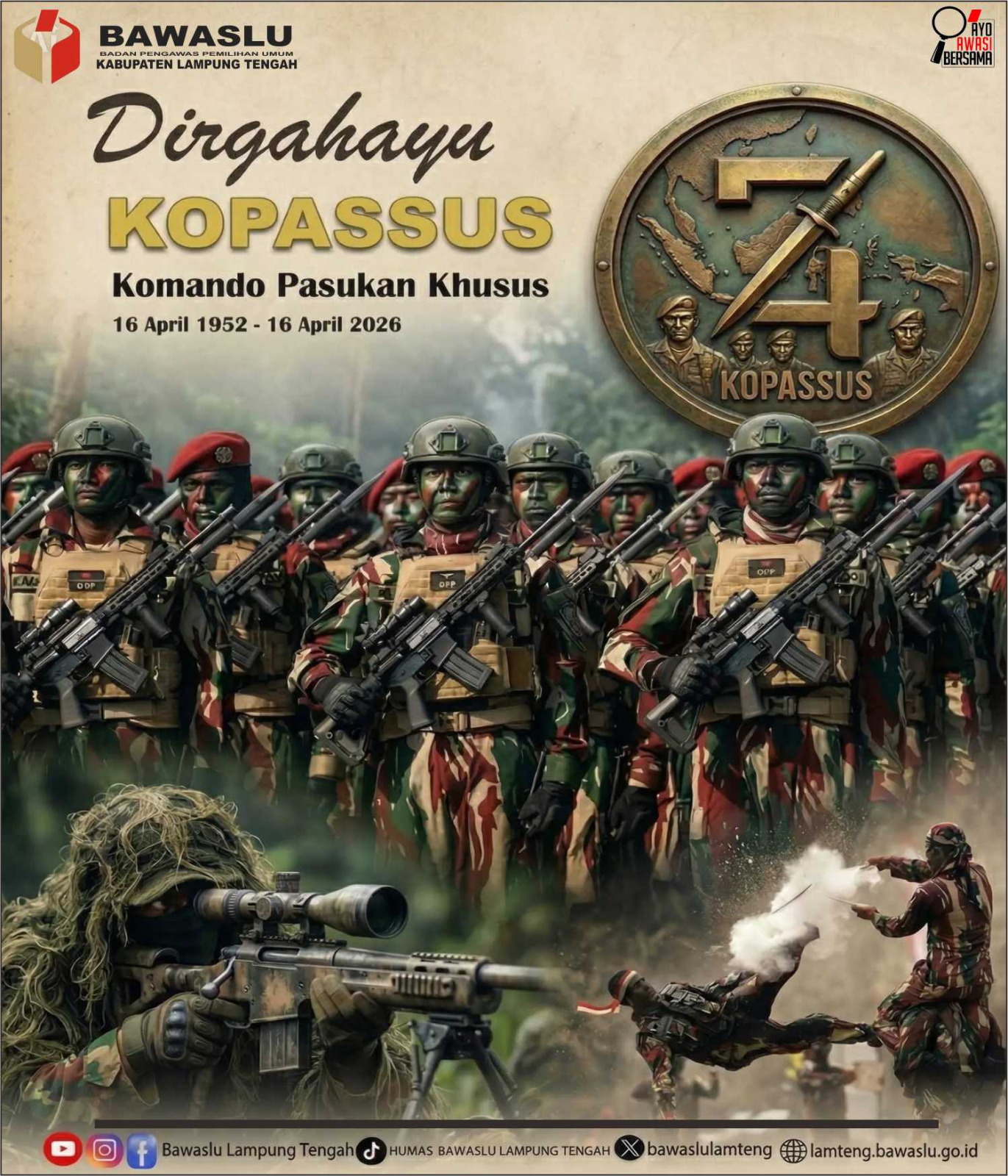 Bawaslu Lampung Tengah Ucapkan Dirgahayu ke-74 Komando Pasukan Khusus, Apresiasi Dedikasi Garda Senyap Untuk Negeri