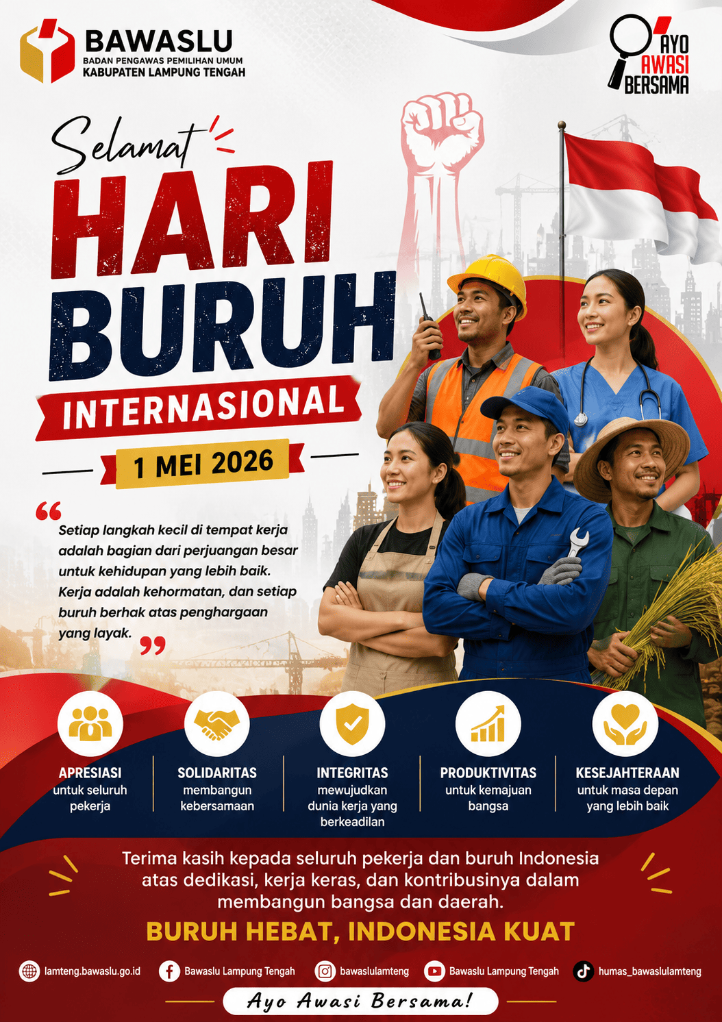 Hari Buruh 2026, Bawaslu Lampung Tengah Apresiasi Peran Strategis Pekerja