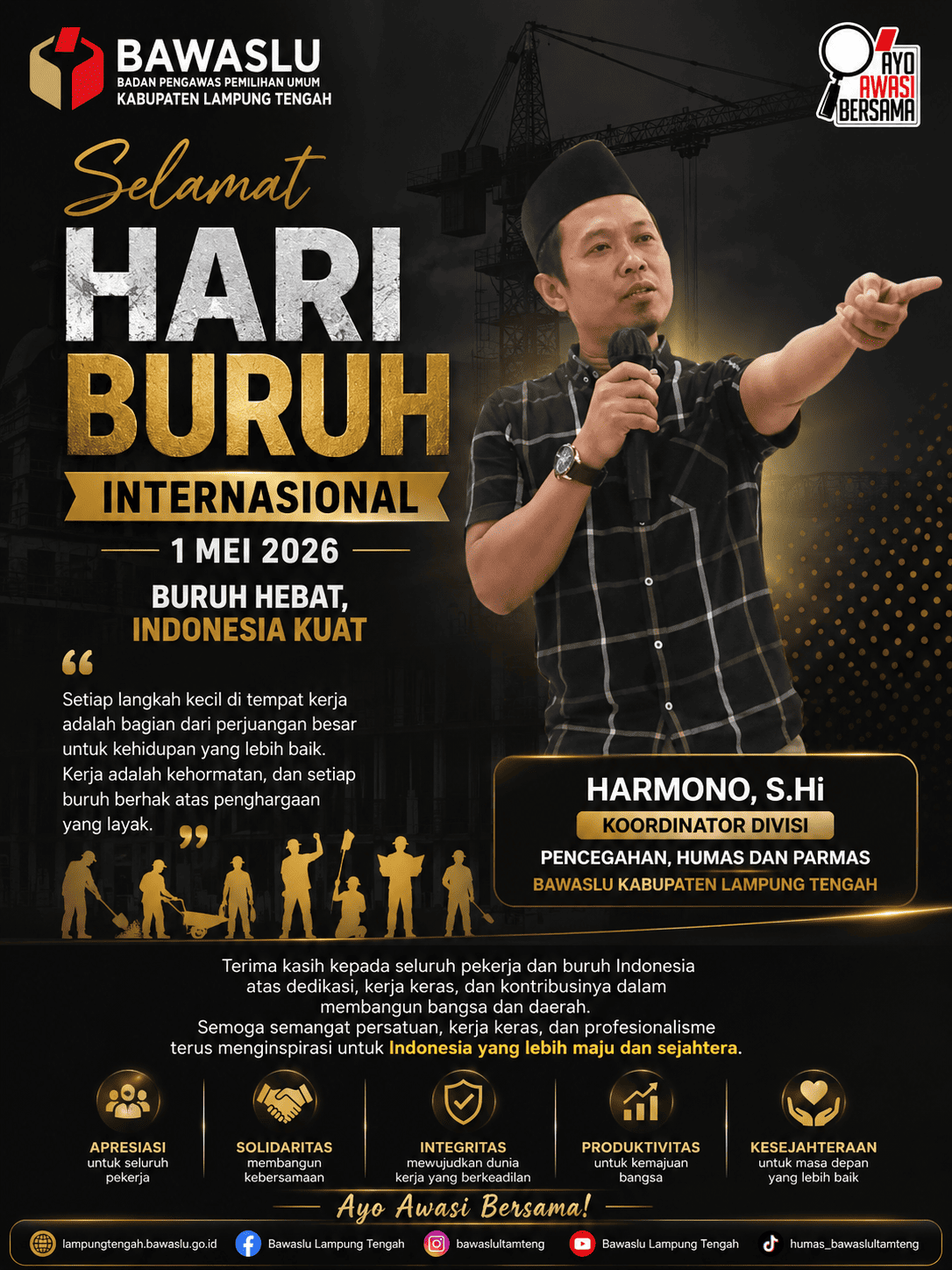 Hari Buruh 2026, Bawaslu Lampung Tengah Ajak Pekerja Terus Berkarya untuk Indonesia