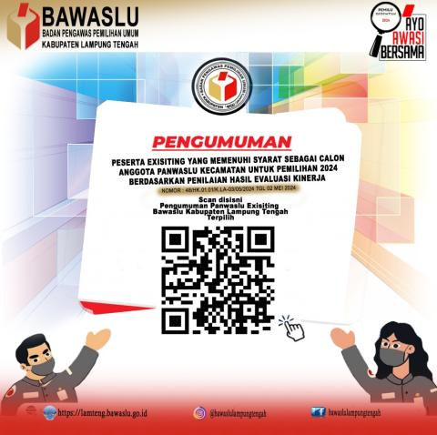 Hallo Sahabat Bawaslu Berikut kami sampaikan Pengumuman Panwaslu Existing yang memenuhi syarat untuk menjadi calon anggota Panwaslu untuk Pemilihan Tahun 2024 berdasarkan Penilaian Hasil Evaluasi Kinerja